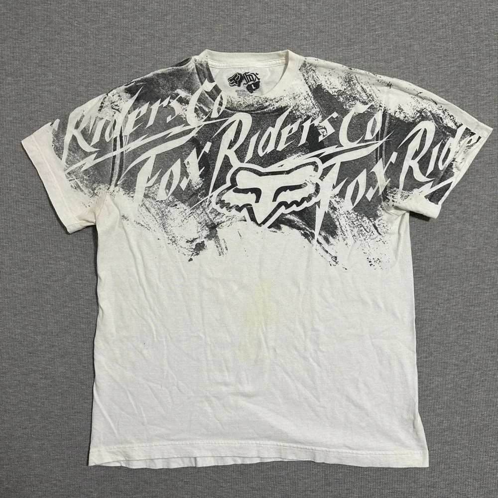 Fox Racing Riders Co Graphic T-Shirt All Over Print Y2K White Black Mens Large